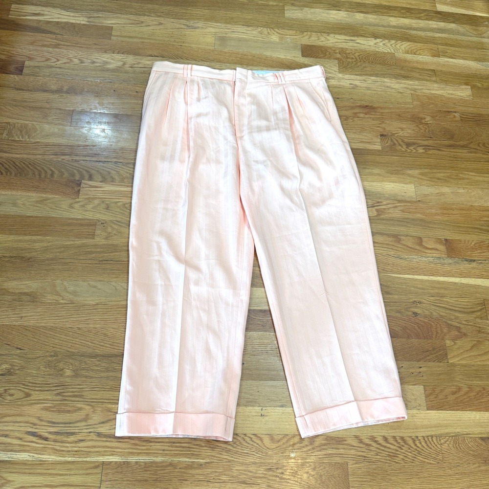 Vintage Smokey Joes Peach Striped Pleated Cuffed Wide Leg Trousers 42x32